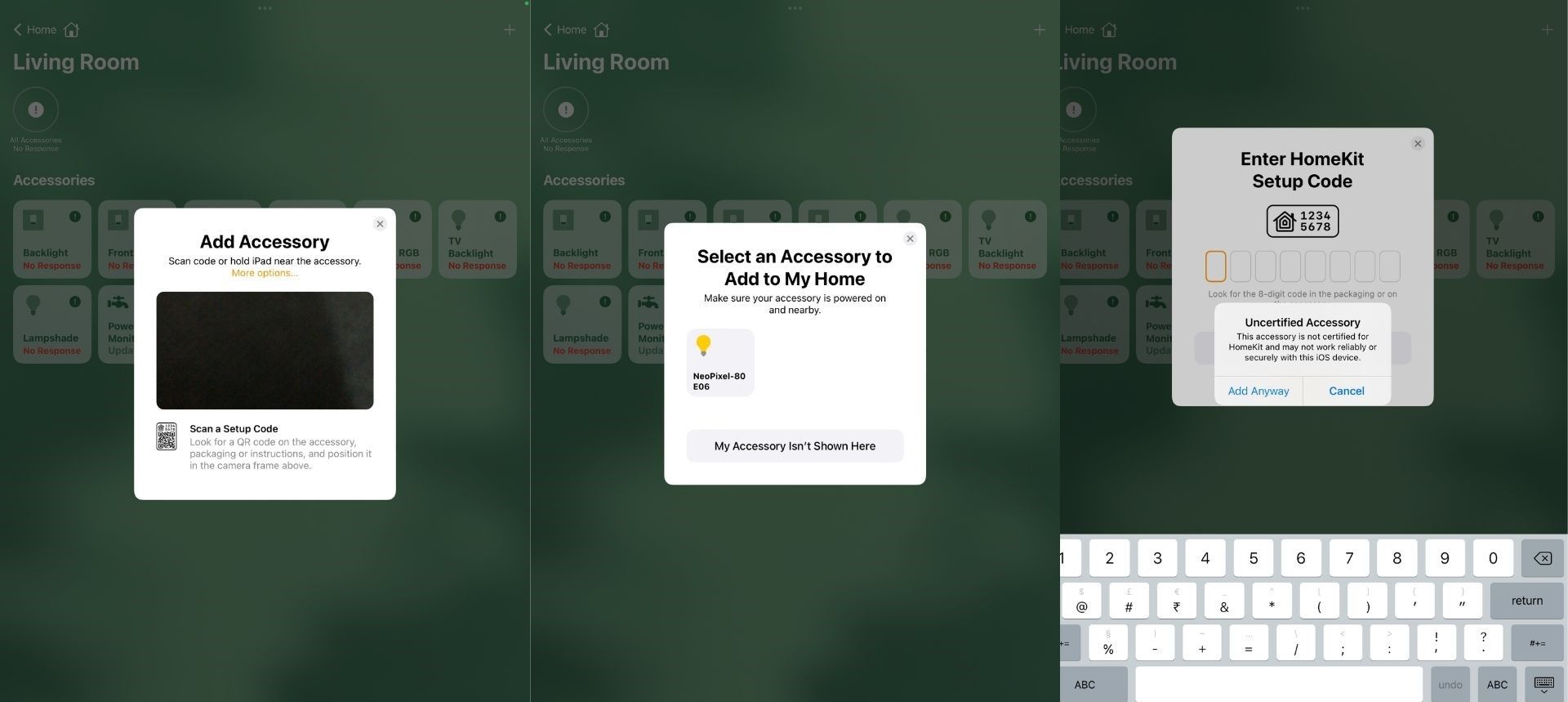 adding diy neopixel homekit accessory in apple homekit app