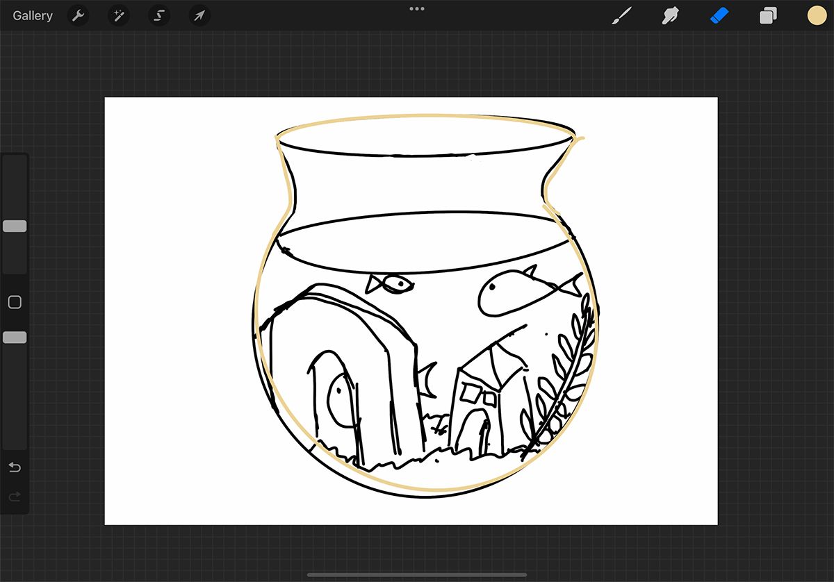 Procreate с рисунком аквариума на холсте.