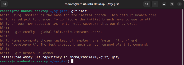 Терминал с процессом создания локального Git-репозитория для gist.