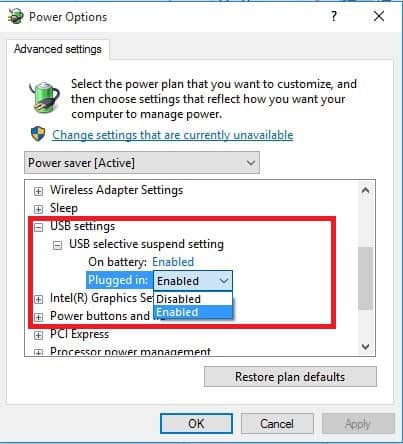 Отключение выборочного приостановления USB