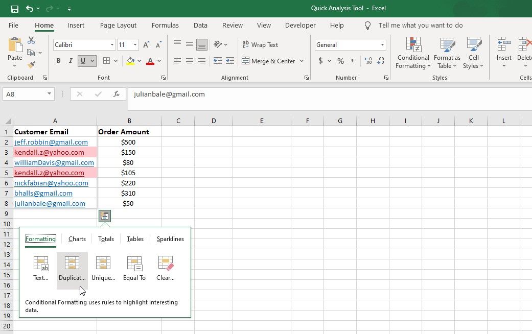 Выделение дубликатов в списке email