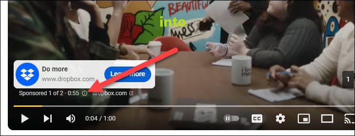 Кнопка информации (i) на рекламном ролике YouTube