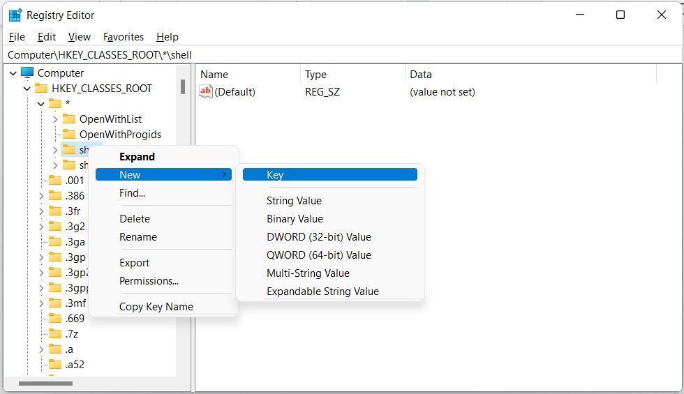 Добавление нового раздела внутри shell в Редакторе реестра Windows