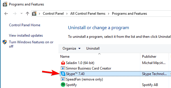 Удаление Skype через Панель управления