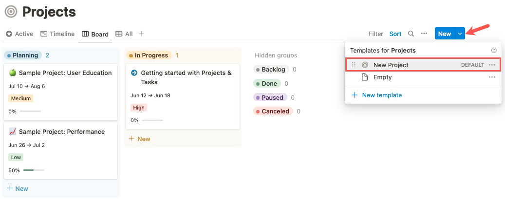Создать новый проект на странице Projects