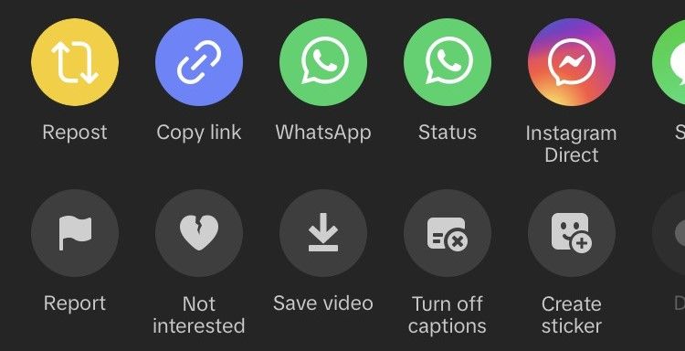 Опции общего доступа в приложении TikTok