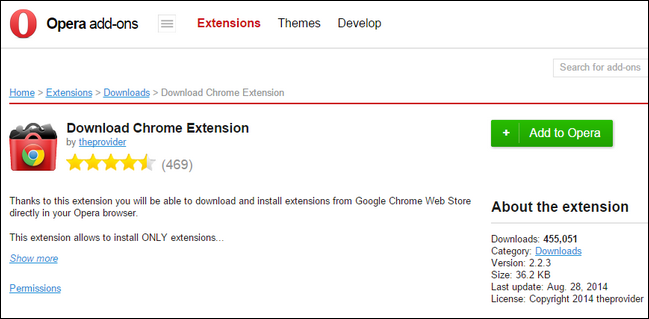 Кнопка установки расширения Download Chrome Extensions в магазине Opera