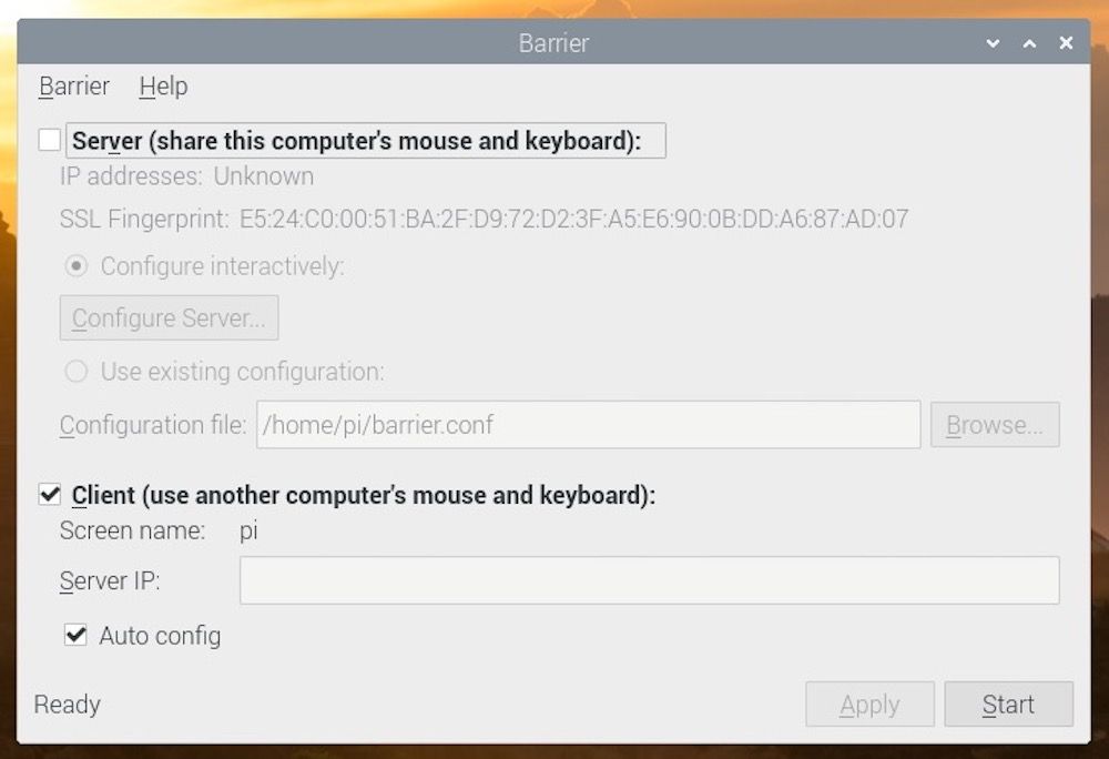 Поле ввода IP сервера в клиенте Barrier на Raspberry Pi