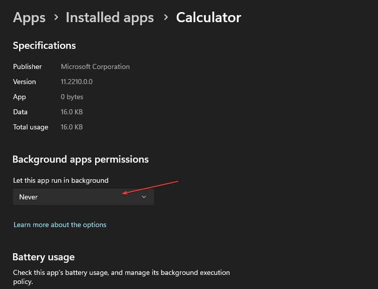 Параметры фоновой работы приложения — Выполнять никогда