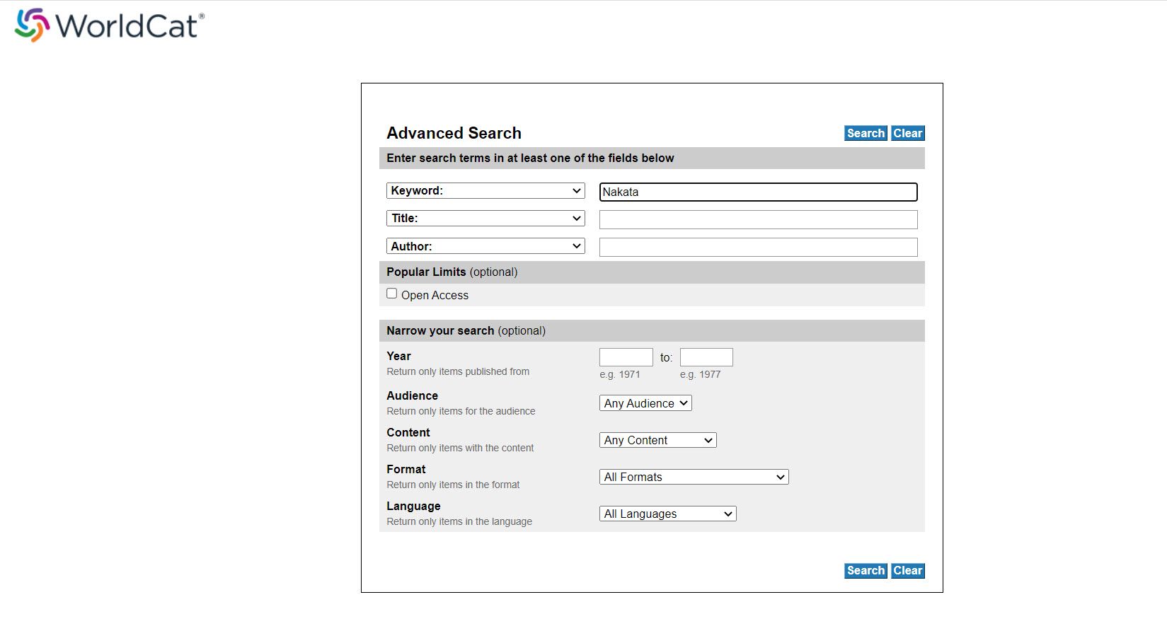 WorldCat расширенный поиск книг