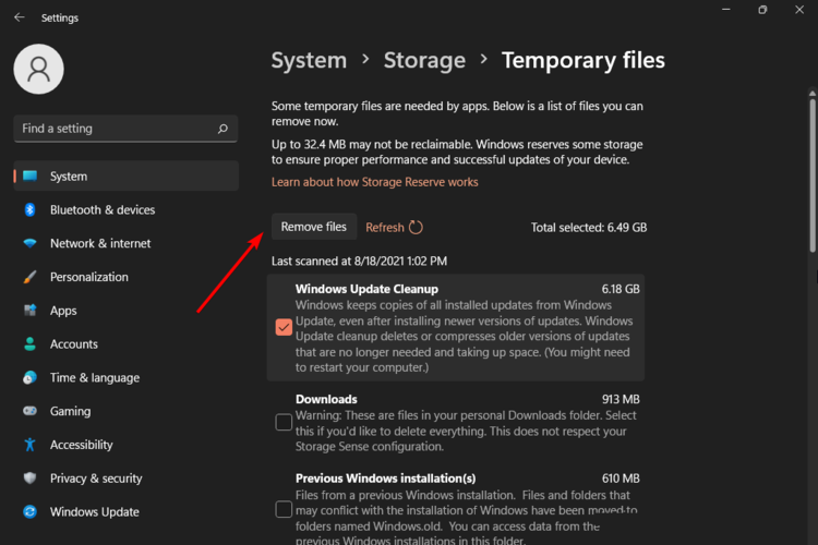 Кнопка Удалить файлы
