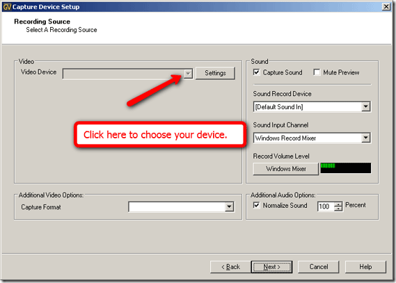Выбор устройства захвата в выпадающем меню