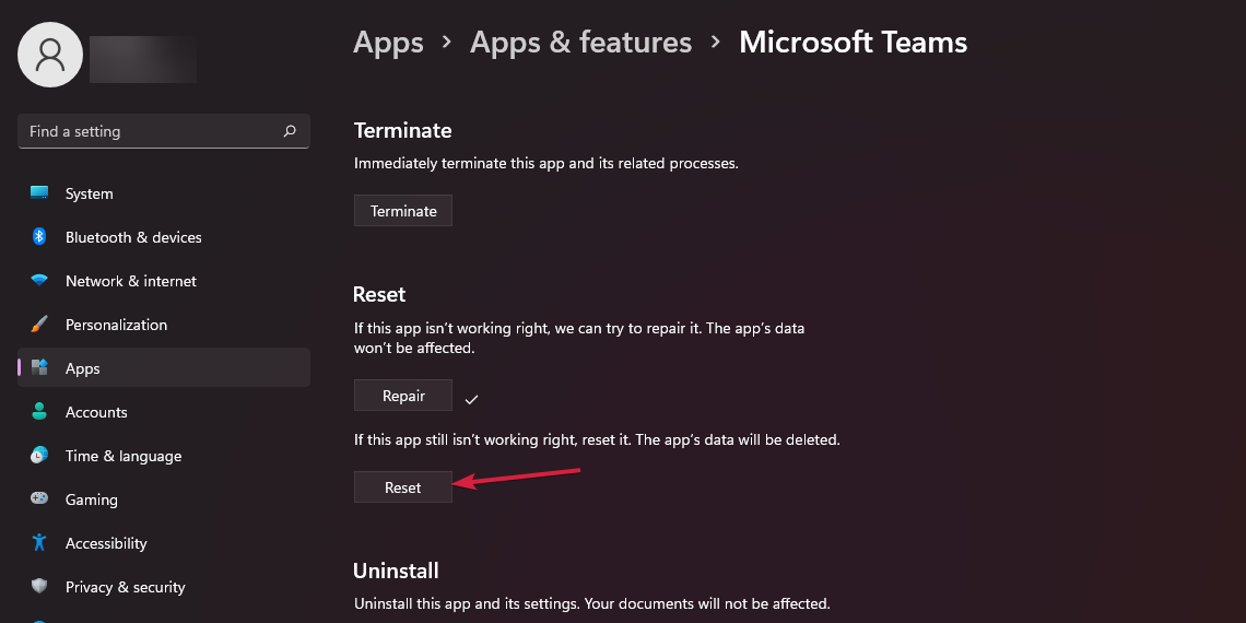 Кнопка Сбросить параметры приложения Teams