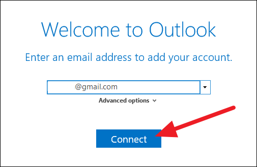 Поле для ввода адреса Gmail в Outlook