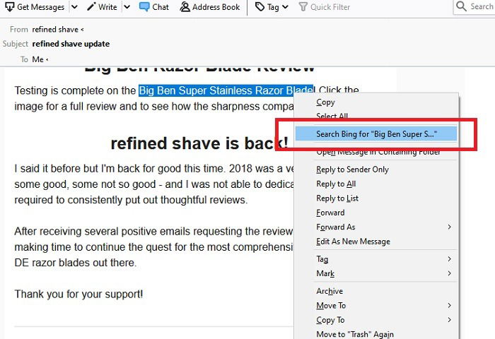 Изображение: поиск по умолчанию в Thunderbird — Bing