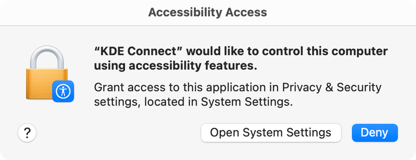 KDE Connect permissions warning on macOS.