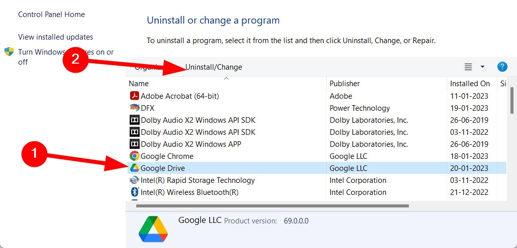 Кнопка удаления Google Drive в списке программ