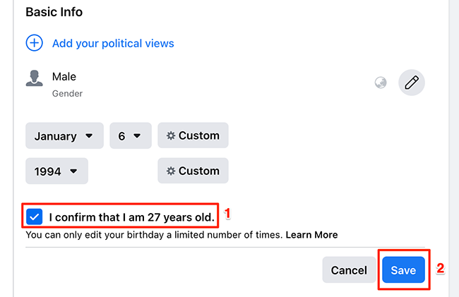 Кнопка «Сохранить» для подтверждения новой даты рождения в веб‑интерфейсе Facebook.