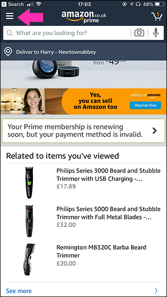 Меню приложения Amazon с доступом к аккаунту