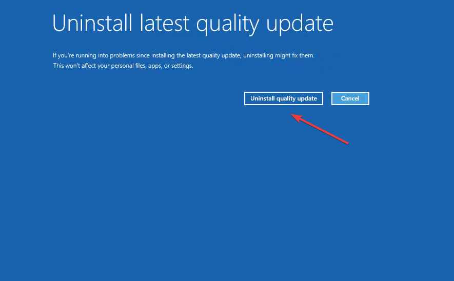 Кнопка удаления обновления качества