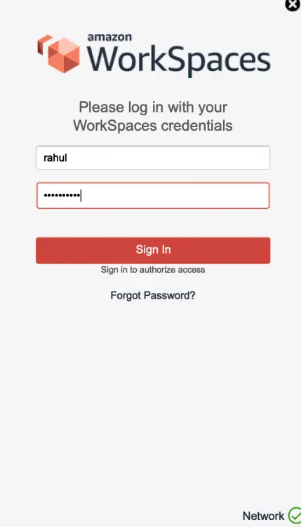 Ввод имени пользователя и пароля для WorkSpace