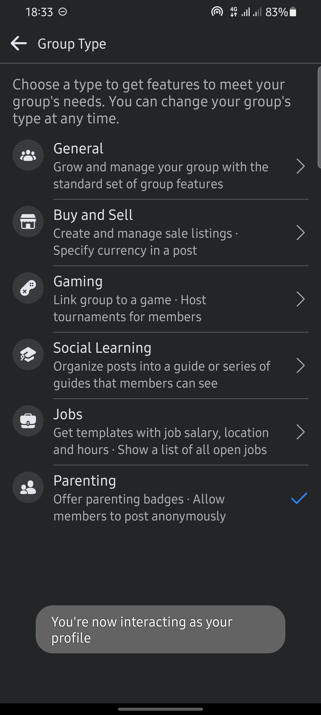 Выбор типа группы Facebook