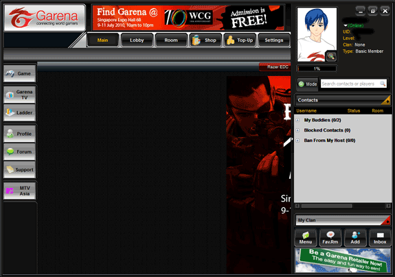 Главная страница Garena с меню и кнопкой Game