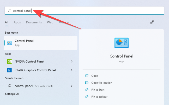 Поиск Панели управления через меню Пуск в Windows.