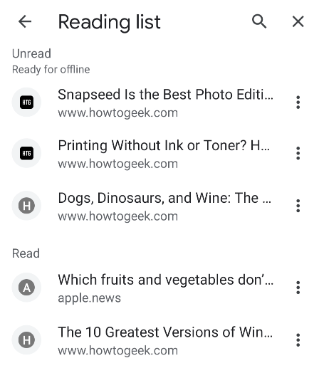 Reading List в Chrome на Android с примерами страниц