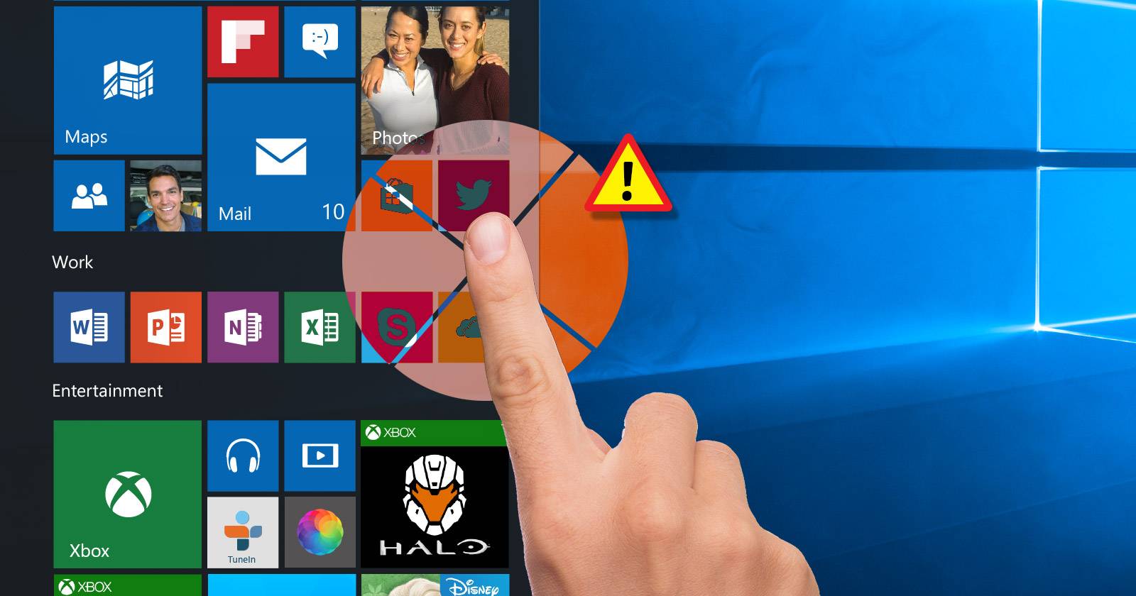 hand touching windows Start menu with error sign