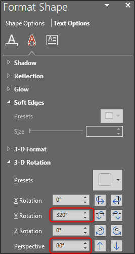 Панель параметров: перспектива 80°