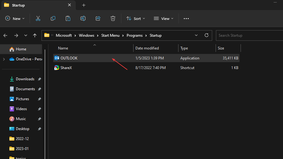 Вставка ярлыка Outlook в папку автозагрузки