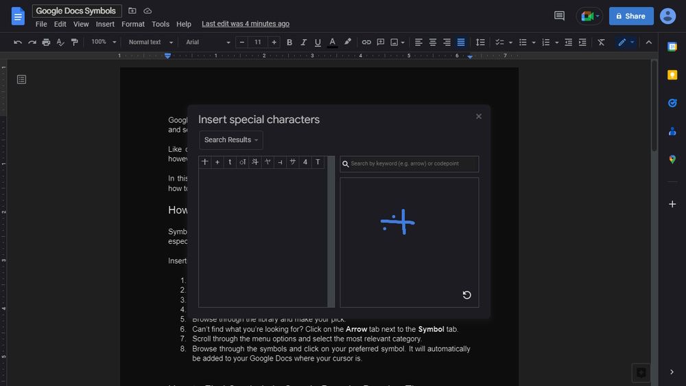 Библиотека символов Google Docs с примером наброска символа