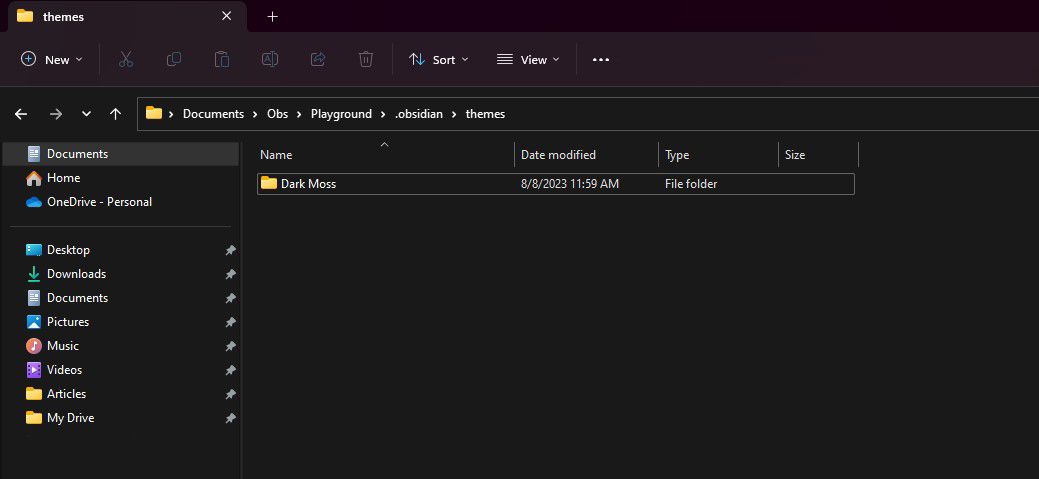 Содержимое папки тем Obsidian, список директорий с темами