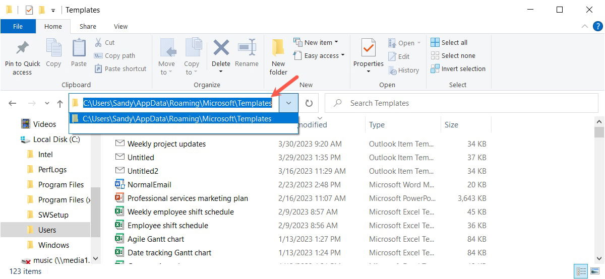 Путь к шаблонам Outlook в Windows