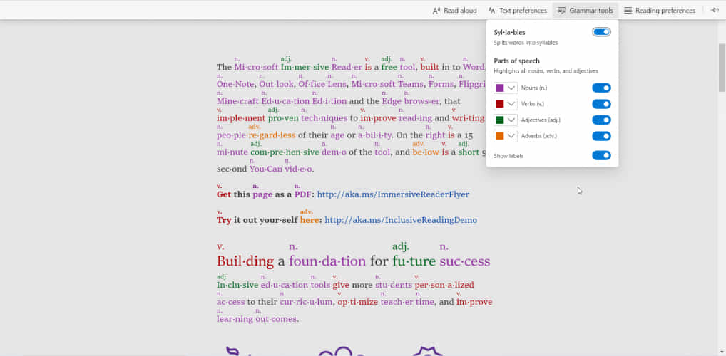 Параметры грамматики: разделение на слоги и подсветка частей речи