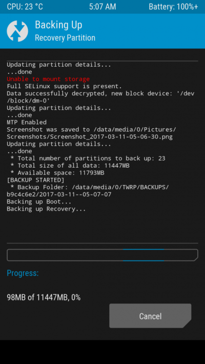 Подтверждение резервного копирования в TWRP через ADB