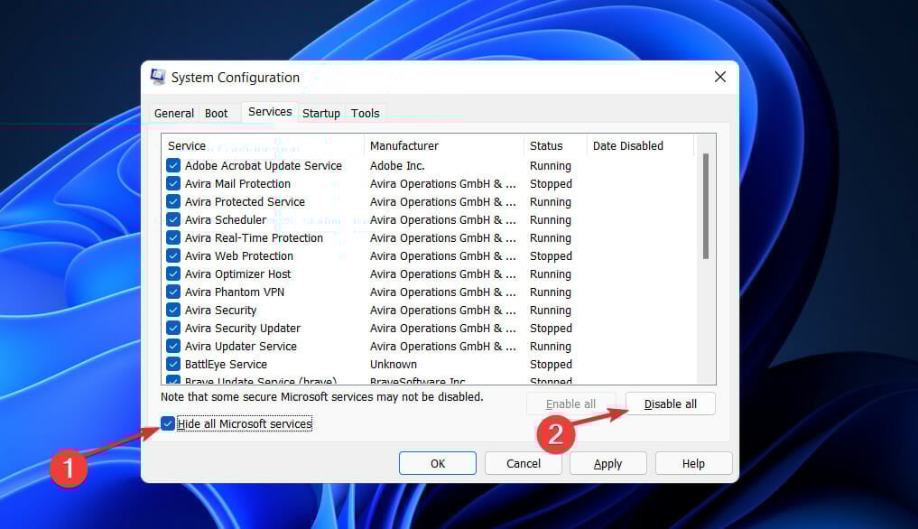 Отключение служб в конфигурации системы