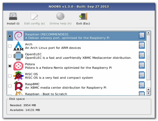Список доступных операционных систем в NOOBS