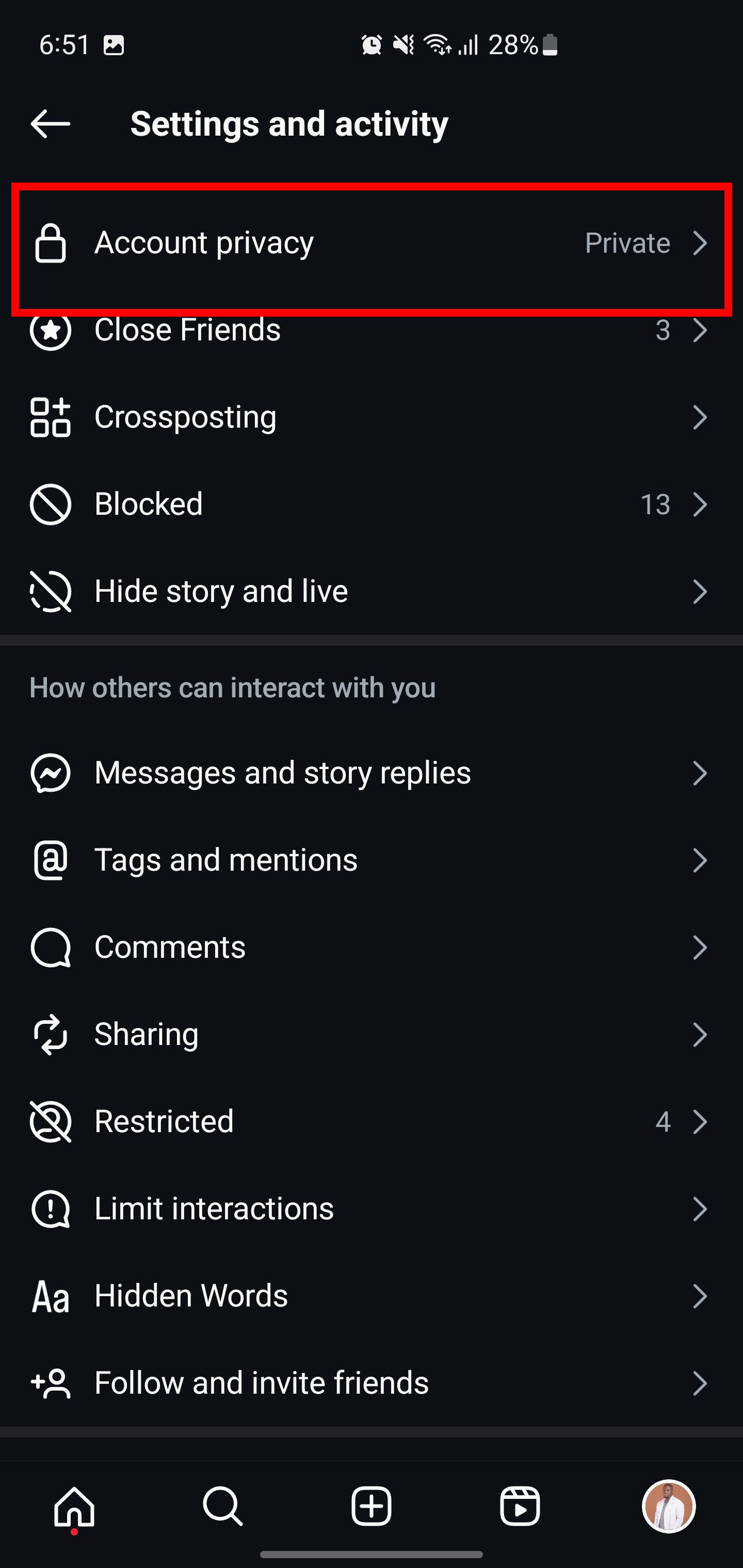 Опция конфиденциальности аккаунта в настройках Instagram