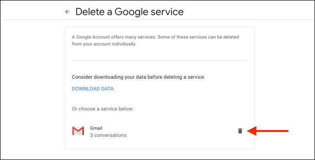Нажмите кнопку удаления рядом с Gmail