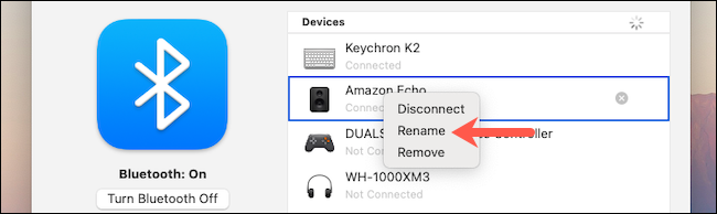 Выберите опцию Переименовать в настройках Bluetooth macOS