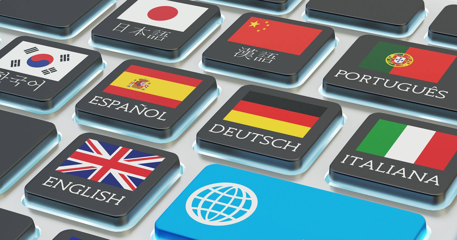 Tastatur mit fremdsprachigen Buchstaben und blauem Übersetzen-Button