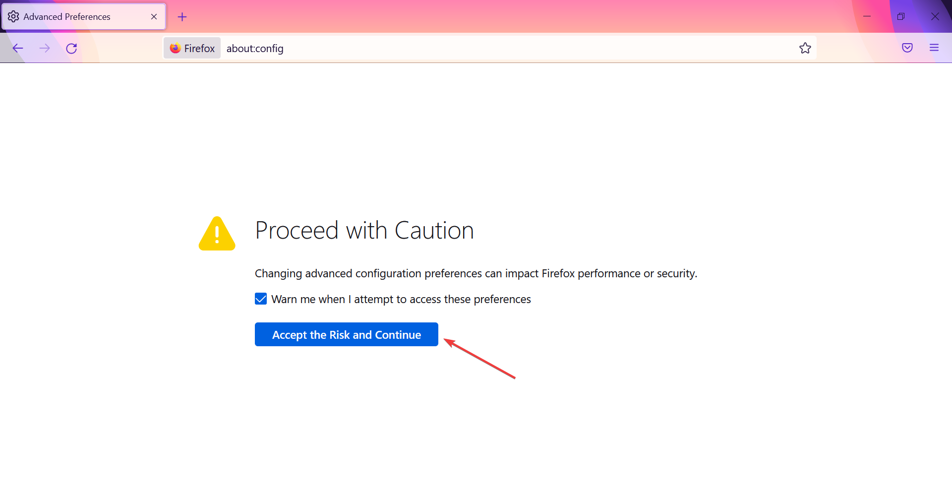 Предупреждение «Принять риск и продолжить» в about:config