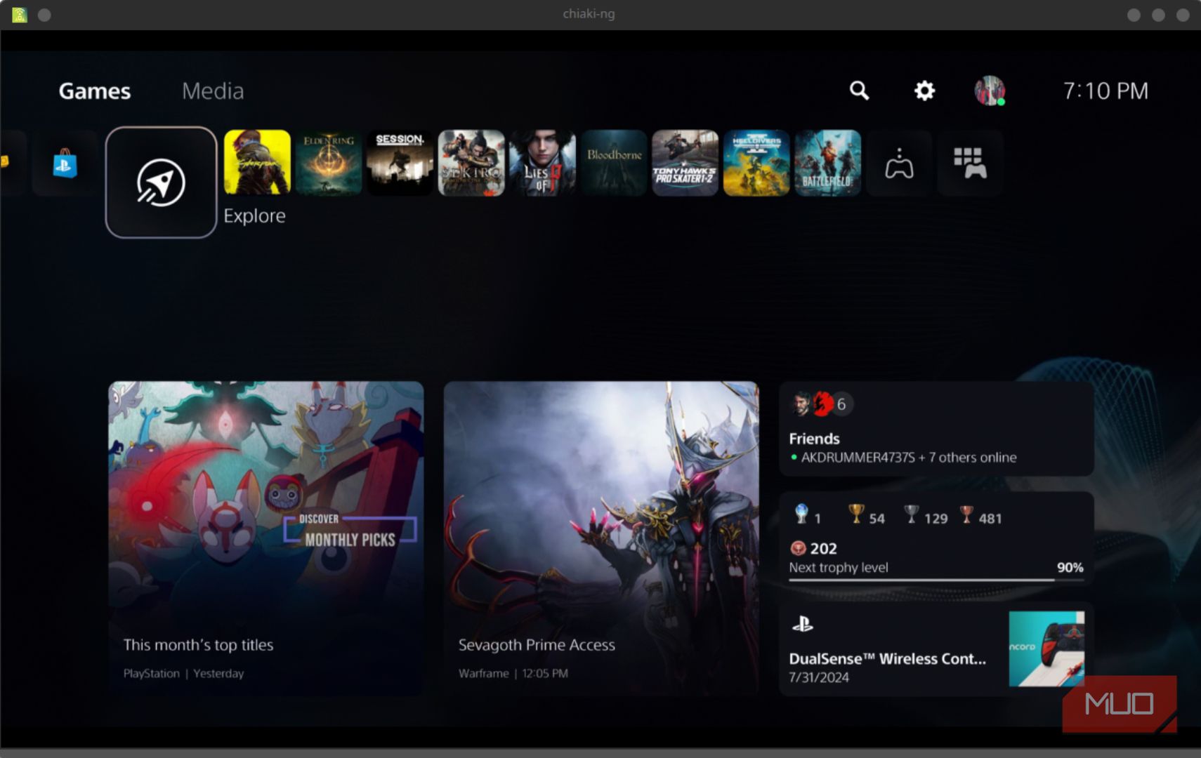 PS5 Menu Screen As Seen Through Chiaki in Desktop Mode
