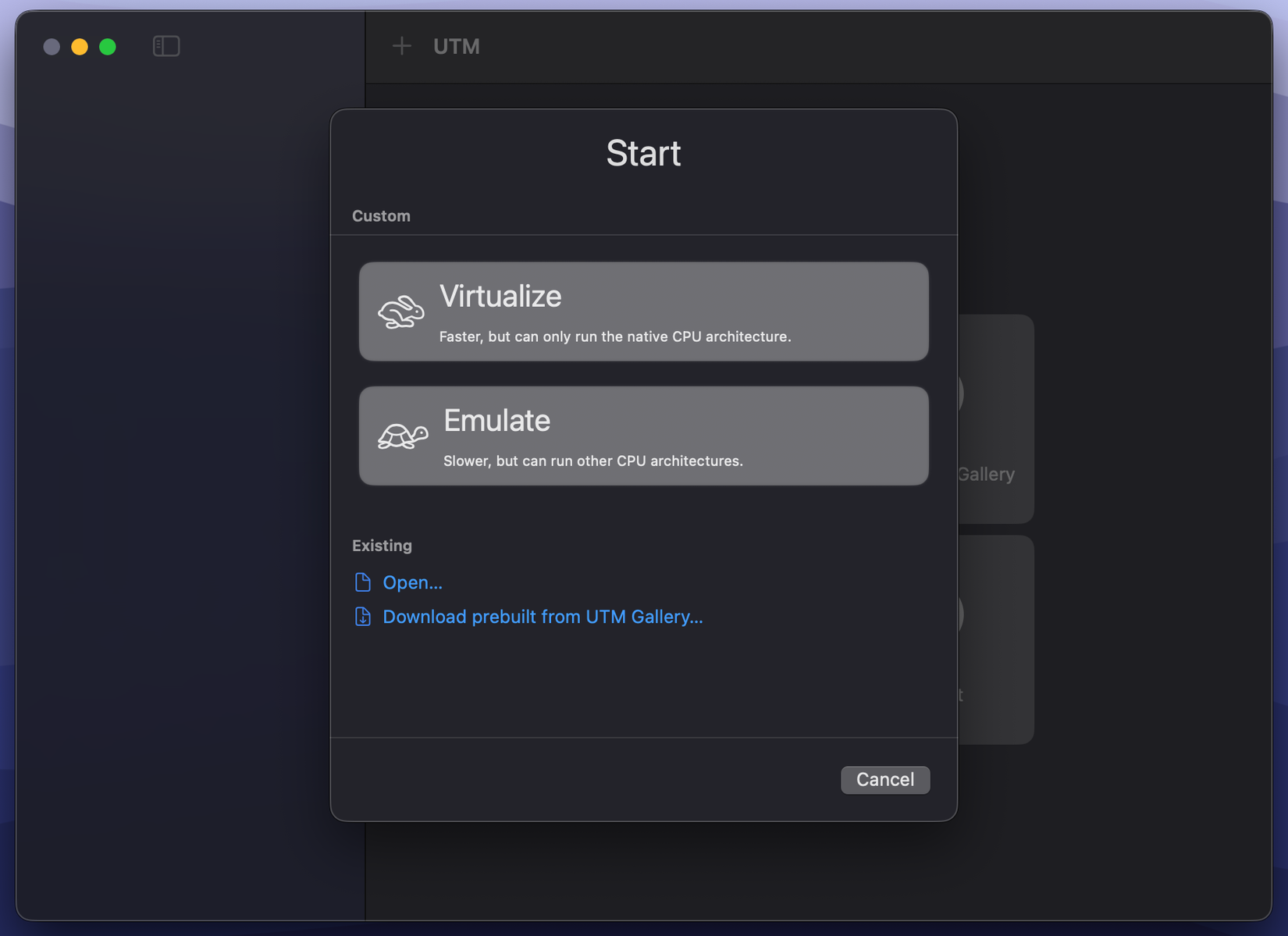 The virtualise option in UTM.
