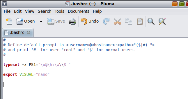 .bashrc открыт в pluma