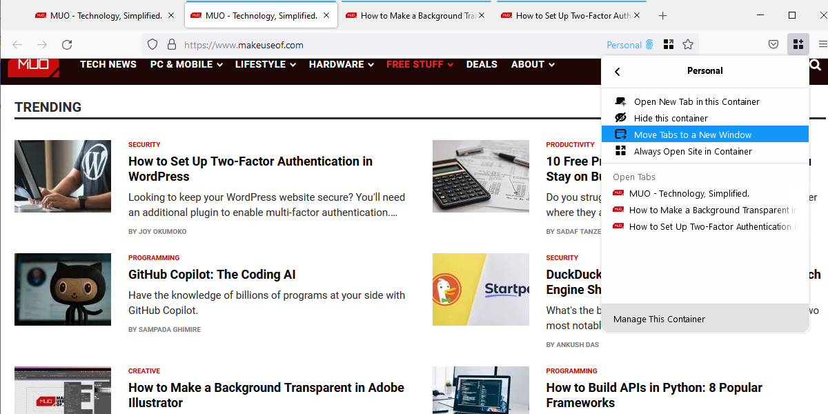 вкладки по контейнерам в одном окне