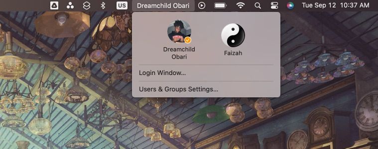 Кнопка Быстрой смены пользователя в строке меню Mac (увеличенный фрагмент)