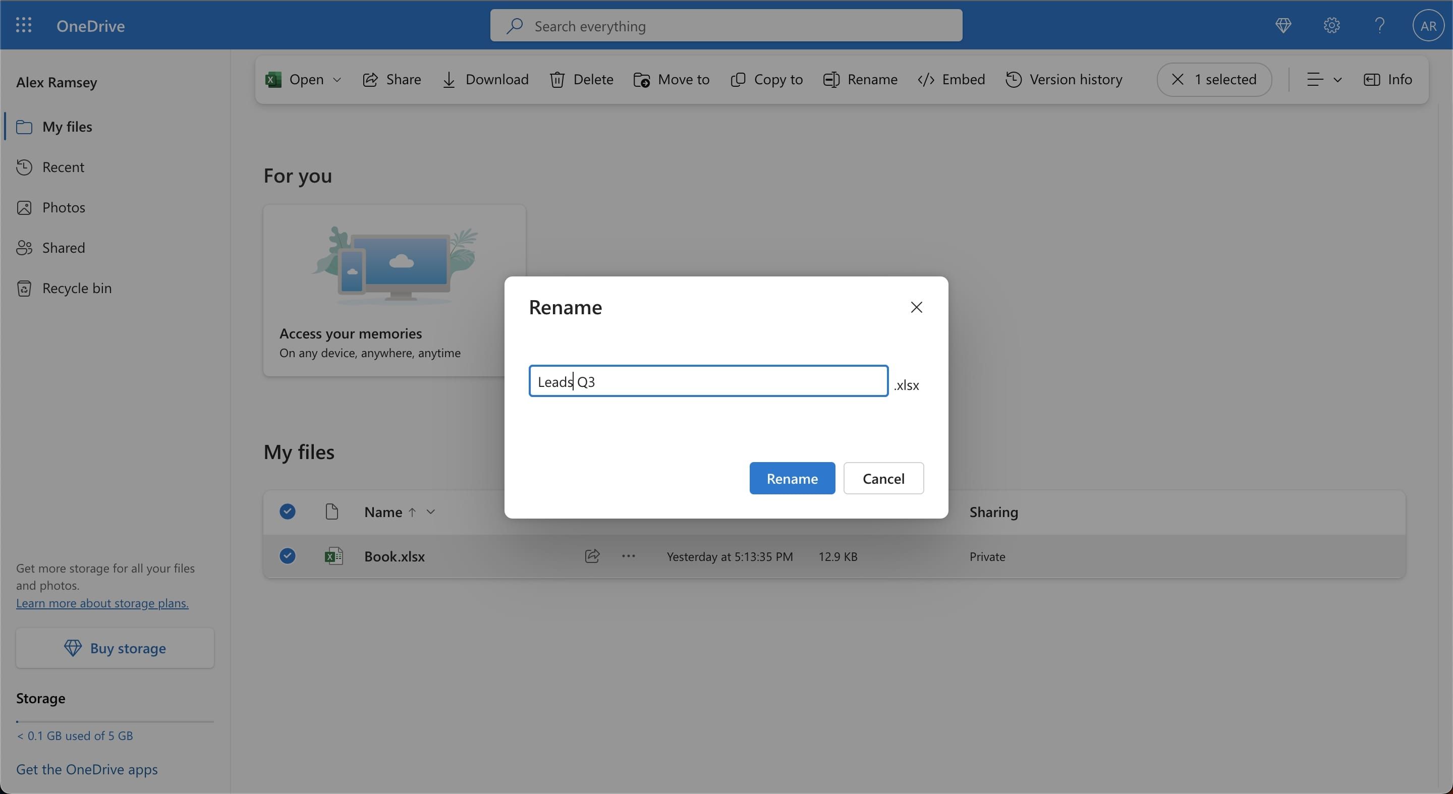 Файл успешно переименован в OneDrive